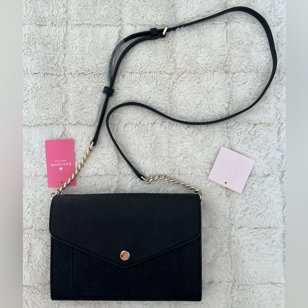 Kate Spade NEW Black Tinsel Glitter Fabric Flap Crossbody